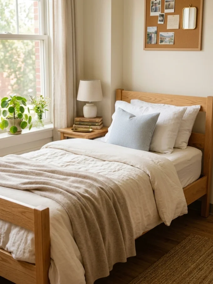A bed with a wooden frame, white comforter, and pillows, with a blue striped pillow in front, and a corkboard with photos above it.