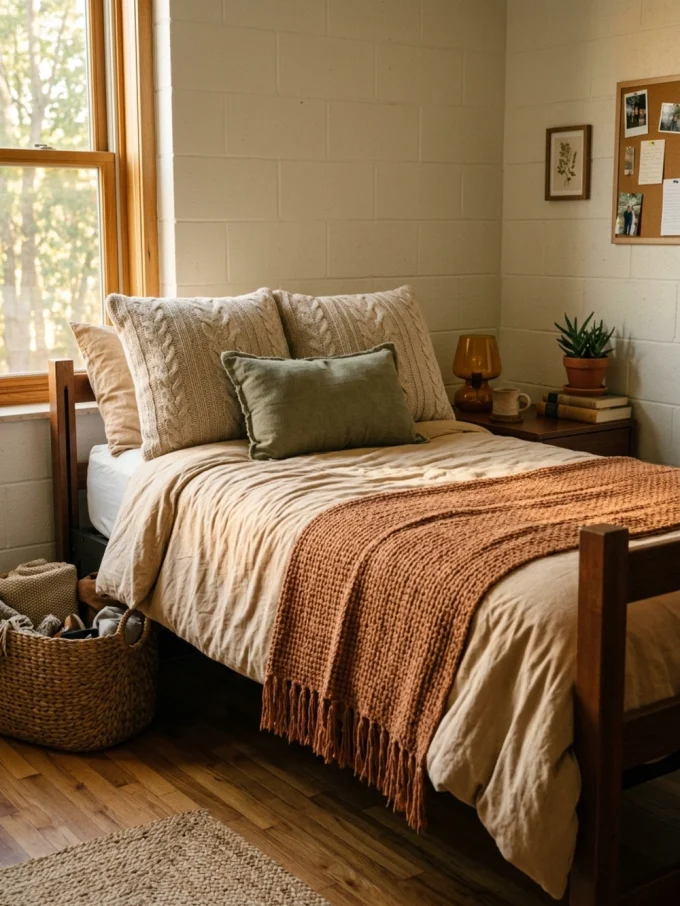 A dorm bed with warm earthy tones, featuring a beige comforter, olive green accent pillow, and terracotta throw blanket.